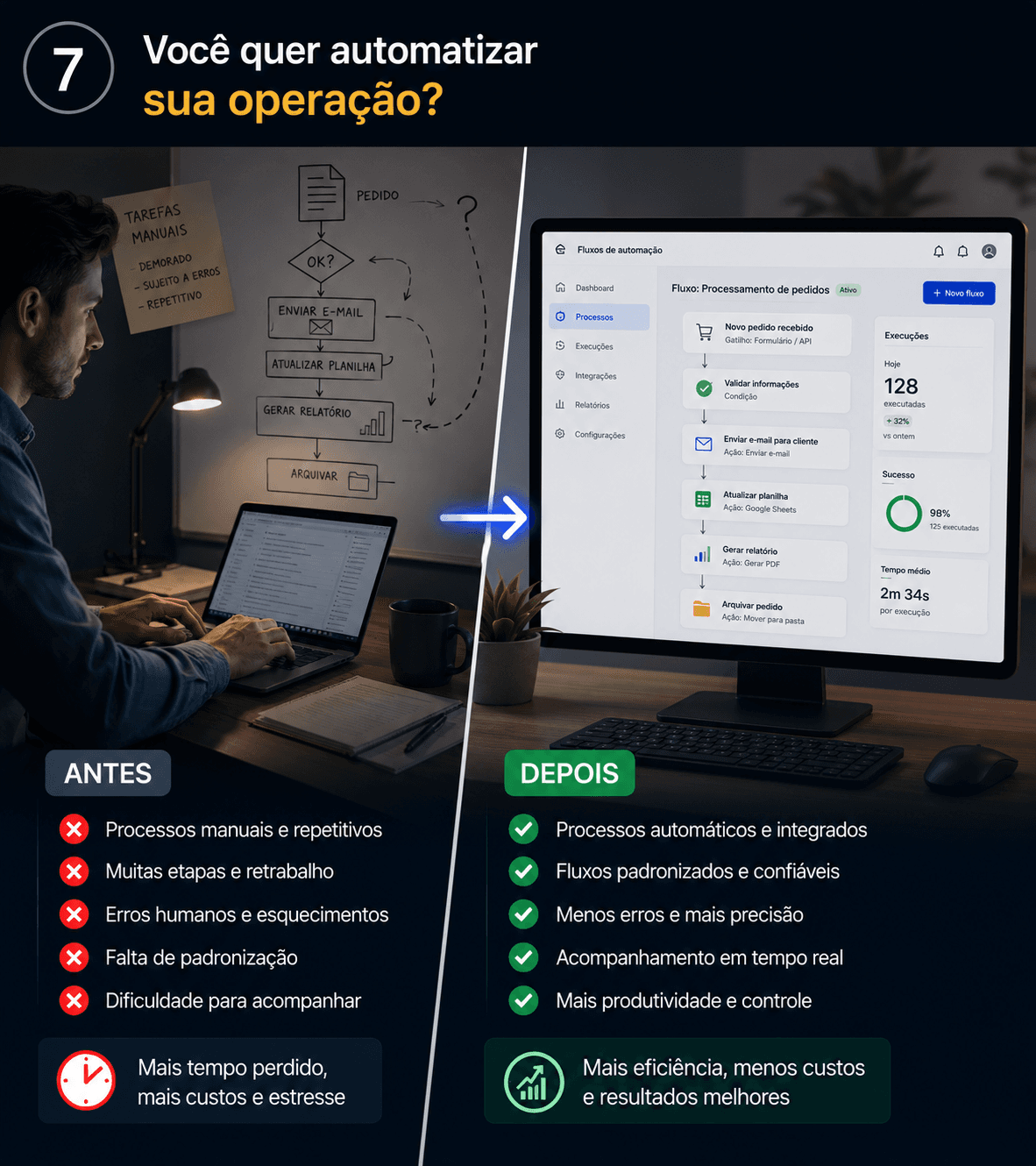 Antes: tarefas manuais e repetitivas. Depois: processos automatizados e eficientes.